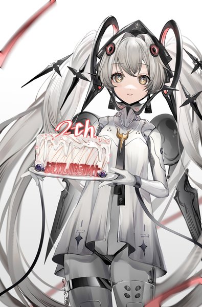 Anime picture 1000x1518 with punishing: gray raven luna (punishing: gray raven) yan bai tai single tall image looking at viewer fringe hair between eyes standing twintails holding yellow eyes silver hair very long hair anniversary girl food sweets cake