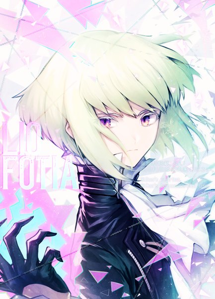 Anime picture 2600x3600 with promare studio trigger lio fotia kizashima shizaki single tall image looking at viewer highres short hair purple eyes upper body green hair character names turning head boy neckerchief