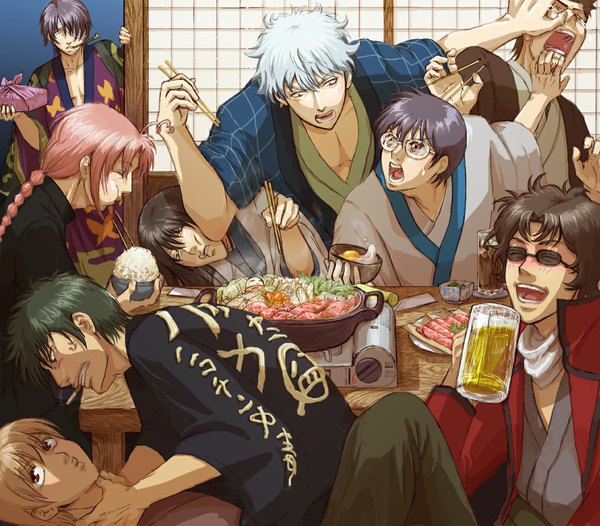 Anime picture 1162x1020 with gintama sunrise (studio) sakata gintoki hijikata toshiro okita sougo takasugi shinsuke katsura kotarou kamui (gintama) shimura shinpachi kondo isao sakamoto tatsuma justaway akko (artist) long hair blush short hair open mouth blonde hair smile brown hair