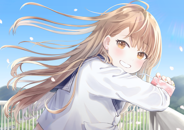 Anime picture 4093x2894 with original tobi (pixiv41237754) single long hair looking at viewer blush fringe highres smile brown hair holding brown eyes absurdres sky upper body ahoge outdoors blunt bangs nail polish head tilt