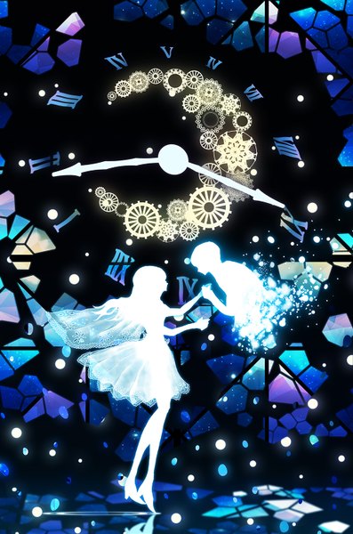 Anime picture 1000x1510 with harada miyuki long hair tall image short hair standing profile holding hands standing on one leg reflection face to face dissolving girl boy shoes star (stars) cape clock