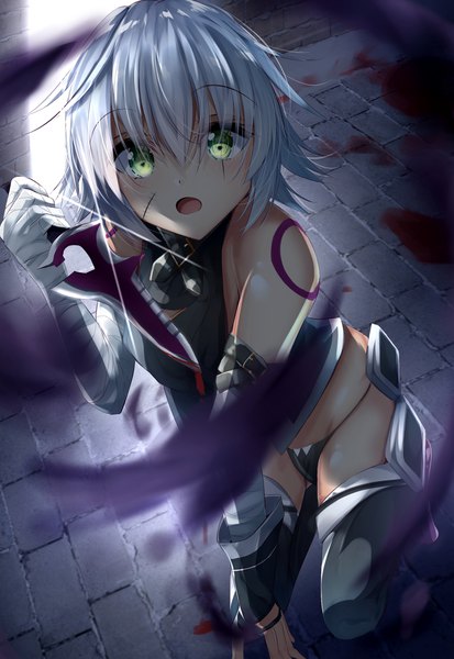 Anime picture 1559x2261 with fate (series) fate/apocrypha jack the ripper (fate/apocrypha) suisen-21 single tall image looking at viewer blush fringe short hair open mouth light erotic hair between eyes bare shoulders holding green eyes silver hair from above blurry sparkle