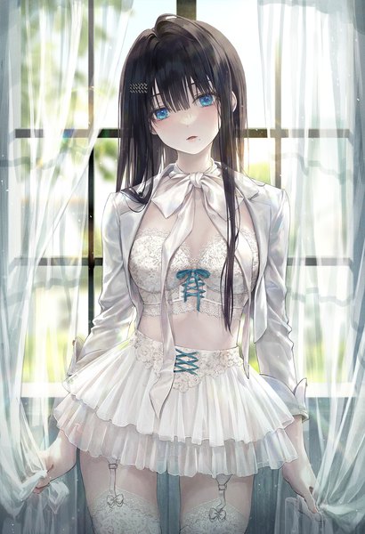 Anime picture 1200x1755 with original r o ha single long hair tall image looking at viewer blush fringe open mouth blue eyes light erotic black hair hair between eyes standing indoors long sleeves head tilt open clothes mole pale skin