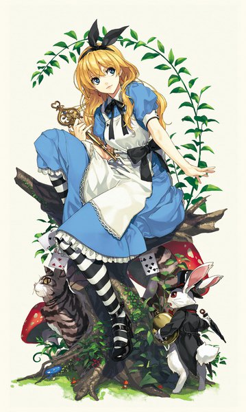 イラスト 1198x2000 と 不思議の国のアリス アリス ホワイト・ラビット チェシャ猫 luna (reclaimed land) ソロ 長髪 長身像 青い目 金髪 simple background 白背景 座る looking away 全身 puffy sleeves 女の子 ドレス ちょう結び 植物