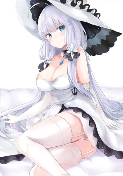 Anime picture 2100x3000 with azur lane illustrious (azur lane) ru zhai single long hair tall image looking at viewer blush fringe highres breasts blue eyes light erotic simple background smile large breasts standing white background sitting bare shoulders