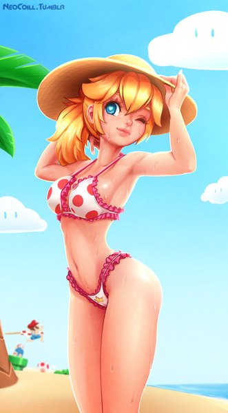 Anime picture 598x1081 with super mario bros. princess peach mario neocoill long hair tall image breasts blue eyes light erotic blonde hair ponytail one eye closed lips wink armpit (armpits) wet sweat beach cameltoe sand