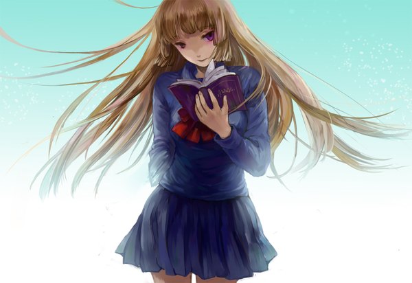 Anime picture 1500x1032 with zetsuen no tempest studio bones fuwa aika lantty single long hair fringe brown hair standing purple eyes holding blunt bangs pleated skirt reading hime cut hairdressing cutting hair girl skirt uniform