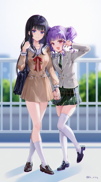 Anime picture 1002x1793 with bang dream! shirokane rinko udagawa ako rity long hair tall image looking at viewer fringe short hair open mouth black hair smile red eyes twintails multiple girls signed payot purple hair full body blunt bangs