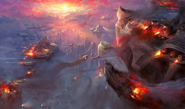Anime picture 1600x946 with original paperblue wide image sky cloud (clouds) smoke flying landscape battle science fiction floating island war fire island flying castle