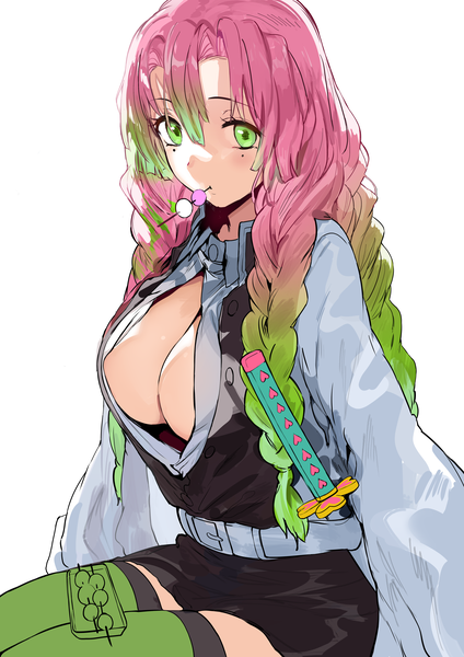 Anime picture 3720x5262 with kimetsu no yaiba ufotable kanroji mitsuri hews single long hair tall image looking at viewer fringe highres breasts light erotic simple background large breasts white background sitting green eyes pink hair absurdres cleavage