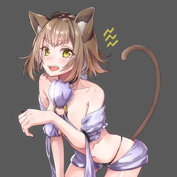 Anime picture 1000x1000 with original akariko (akaringo) single looking at viewer blush fringe short hair breasts open mouth light erotic simple background brown hair bare shoulders animal ears yellow eyes tail animal tail arm up cat ears grey background