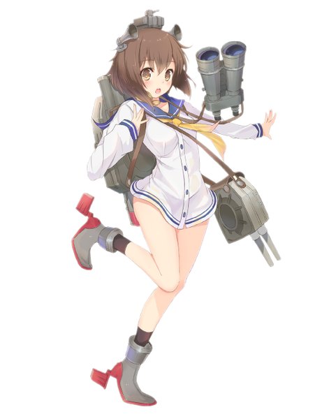 Anime picture 1000x1300 with kantai collection yukikaze destroyer kagerou (shadowmage) single tall image looking at viewer blush short hair open mouth brown hair white background brown eyes girl hair ornament weapon necktie boots sailor suit binoculars