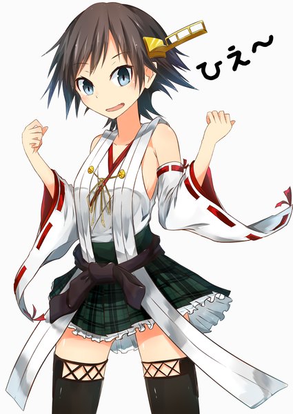 Anime picture 1062x1500 with kantai collection hiei battleship sune (mugendai) single tall image looking at viewer short hair open mouth blue eyes simple background brown hair white background traditional clothes pleated skirt nontraditional miko remodel (kantai collection) girl thighhighs skirt detached sleeves