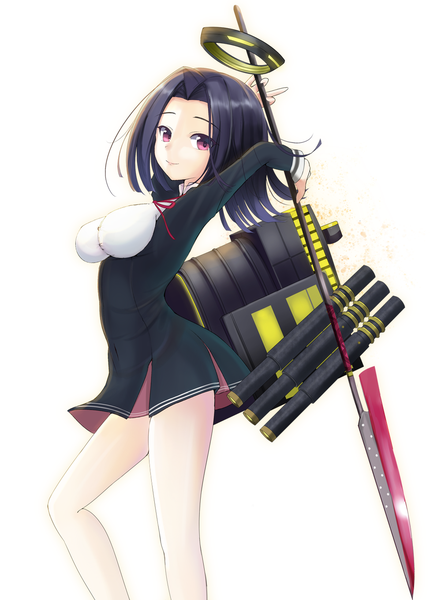 Anime picture 1000x1360 with kantai collection tatsuta light cruiser kirimoti34 single tall image looking at viewer short hair black hair simple background white background purple eyes girl dress weapon halo