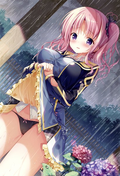 Anime picture 2263x3300 with original melonbooks izumi kaori (twinbox) hanahanamaki single long hair tall image looking at viewer blush fringe highres breasts open mouth light erotic large breasts standing purple eyes pink hair cloud (clouds) ahoge