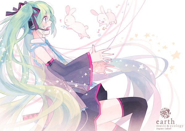 Anime picture 1000x707 with vocaloid hatsune miku gomi chiri blush open mouth blue eyes twintails very long hair nail polish profile aqua hair girl thighhighs skirt ribbon (ribbons) black thighhighs hair ribbon detached sleeves necktie headphones