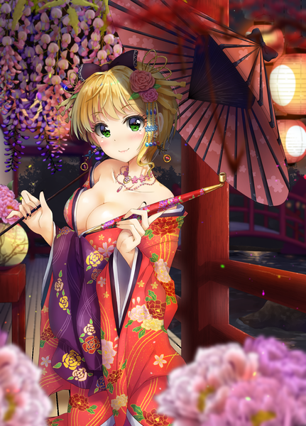 Anime picture 1438x2000 with idolmaster idolmaster cinderella girls miyamoto frederica kuria (clear trip second) single tall image short hair breasts light erotic blonde hair large breasts green eyes cleavage nail polish traditional clothes japanese clothes hair flower light smile off shoulder no bra