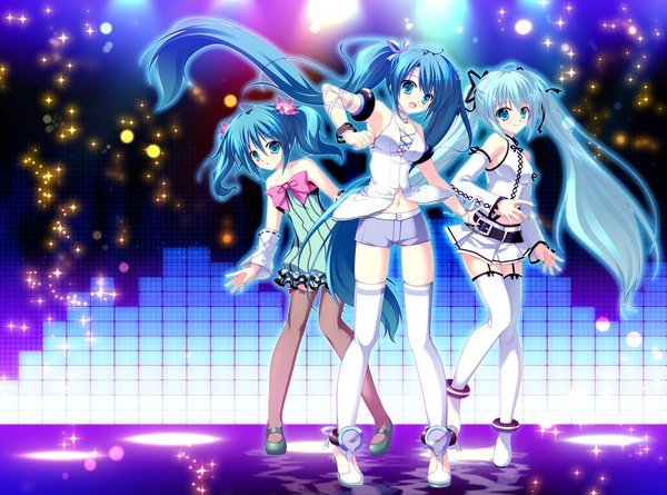Anime picture 2300x1708 with project diva vocaloid colorful x melody (vocaloid) hatsune miku yuki miku mikeou long hair highres open mouth blue eyes twintails multiple girls blue hair girl thighhighs dress navel ribbon (ribbons) black thighhighs hair ribbon