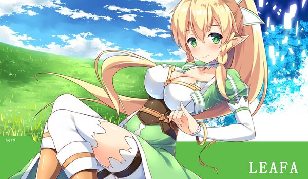 Anime picture 1180x685 with sword art online a-1 pictures leafa iroha (unyun) single long hair looking at viewer blush light erotic blonde hair wide image green eyes cleavage ponytail light smile pointy ears character names text landscape girl
