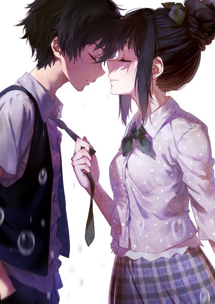 Anime picture 850x1201 with hyouka kyoto animation chitanda eru oreki houtarou cici tall image short hair black hair white background eyes closed profile couple alternate hairstyle hands in pockets hair up necktie grab girl boy shirt necktie