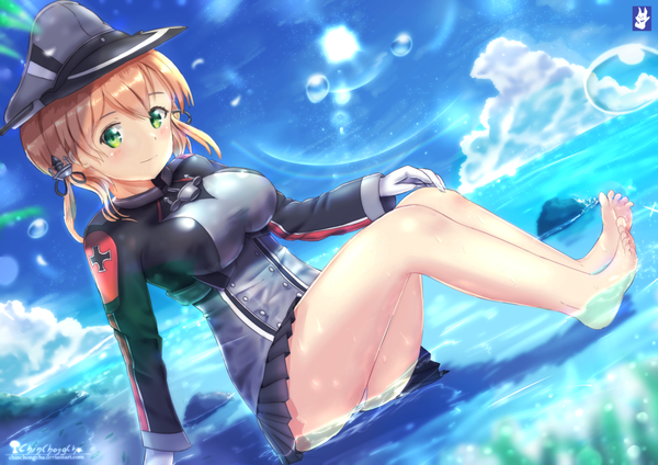 Anime picture 1024x724 with kantai collection prinz eugen (kantai collection) chinchongcha single looking at viewer blush fringe breasts light erotic smile hair between eyes large breasts green eyes sky cloud (clouds) outdoors pleated skirt barefoot sunlight arm support