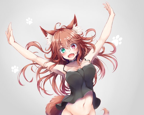 Anime picture 900x720 with original kekeji single long hair looking at viewer blush fringe breasts open mouth light erotic simple background hair between eyes red eyes brown hair large breasts standing green eyes animal ears cleavage tail