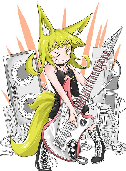 Anime picture 1673x2259 with original kogitsune (doitsuken) doitsuken single tall image looking at viewer blush blonde hair smile standing bare shoulders holding animal ears tail animal tail one eye closed fang (fangs) fox ears grin fox tail