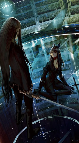 Anime picture 620x1114 with original pixiv fantasia pixiv fantasia new world shinjiro nobayashi long hair tall image fringe breasts open mouth black hair brown hair cleavage from above pointy ears glow scared girl gloves hair ornament weapon