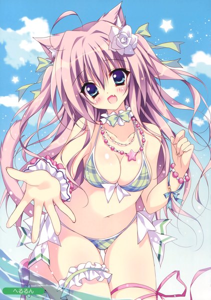 Anime picture 2463x3500 with melonbooks herurun single long hair tall image looking at viewer blush highres breasts open mouth blue eyes light erotic animal ears sky purple hair cloud (clouds) tail animal tail cat ears scan