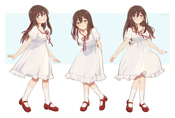 Anime picture 5195x3508 with kagerou project shaft (studio) tateyama ayano inuinu-s long hair looking at viewer blush fringe highres smile brown hair standing multiple girls brown eyes absurdres full body short sleeves leaning leaning forward puffy sleeves