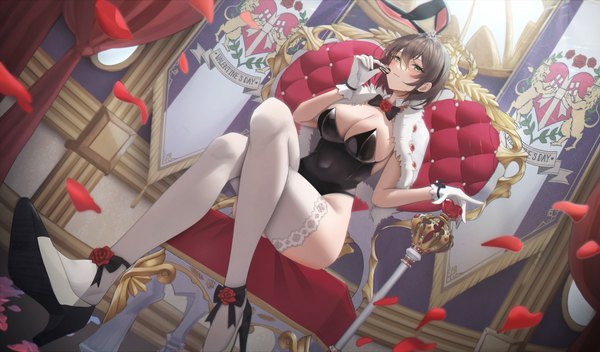 Anime picture 4997x2929 with counter:side elizabeth pendragon biya (1024) single looking at viewer blush fringe highres short hair breasts light erotic hair between eyes brown hair wide image large breasts sitting holding green eyes animal ears payot