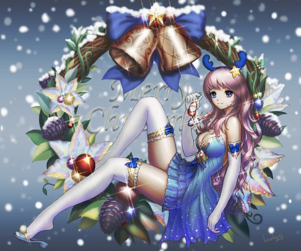 Anime picture 1200x1000 with original lucky9 single long hair looking at viewer blue eyes purple hair snowing christmas snow shiny merry christmas girl thighhighs dress gloves hair ornament white thighhighs elbow gloves star (symbol)