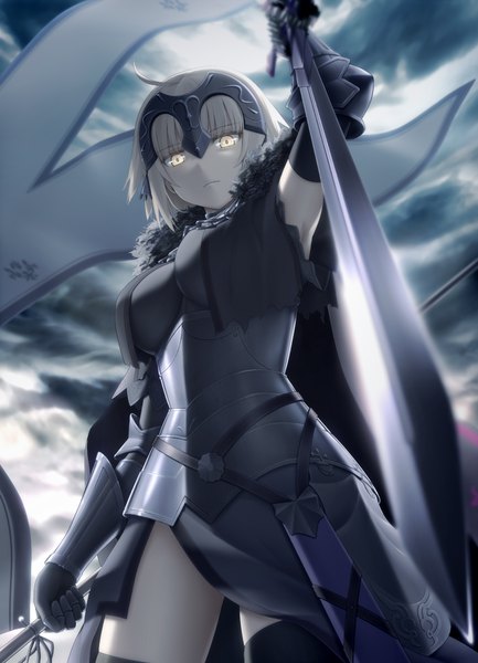 Anime picture 780x1081 with fate (series) fate/grand order fate/apocrypha jeanne d'arc (fate) (all) jeanne d'arc alter (fate) haribote (tarao) single tall image looking at viewer fringe short hair blonde hair holding yellow eyes cloud (clouds) ahoge looking back from below depth of field fur trim