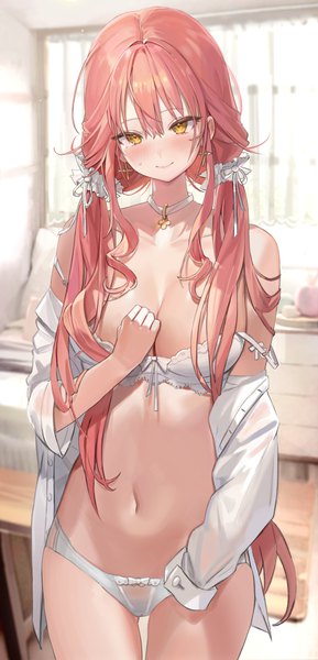 Anime picture 1958x4066 with original freng single long hair tall image looking at viewer blush fringe highres breasts light erotic smile hair between eyes large breasts standing twintails yellow eyes pink hair indoors long sleeves