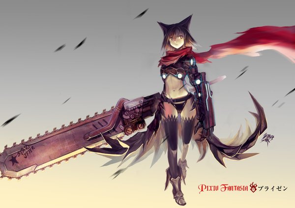Anime picture 3507x2480 with original pixiv fantasia kikira single highres short hair brown hair brown eyes signed animal ears looking away absurdres pointy ears midriff mechanical parts girl thighhighs navel weapon black thighhighs