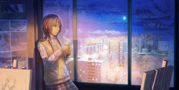 Anime picture 2500x1265 with original arsenixc single long hair highres wide image twintails pink hair cloud (clouds) pink eyes leaning low twintails reflection winter snow cityscape scenic plaid girl dress