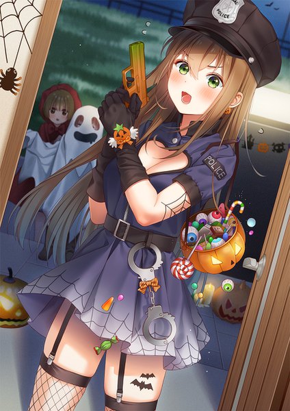 Anime picture 870x1230 with original unjem long hair tall image looking at viewer blush fringe short hair breasts open mouth hair between eyes brown hair standing multiple girls holding green eyes :d blurry night short sleeves