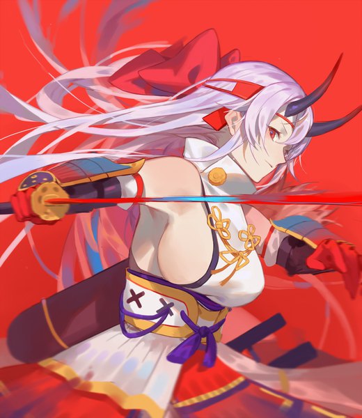 Anime picture 1240x1432 with fate (series) fate/grand order tomoe gozen (fate) red cucumber single long hair tall image looking at viewer fringe breasts light erotic simple background hair between eyes large breasts holding silver hair traditional clothes japanese clothes profile horn (horns)