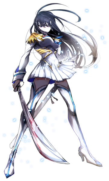 Anime picture 967x1599 with kill la kill studio trigger kiryuuin satsuki junketsu shun nyan single long hair tall image fringe breasts blue eyes black hair large breasts standing full body pleated skirt wind transparent background fighting stance bloody weapon