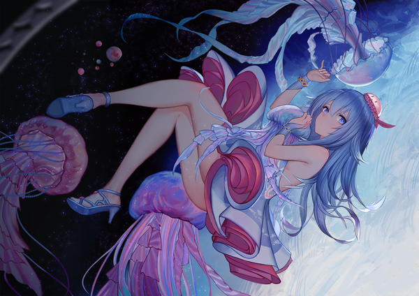 Anime picture 1414x1000 with vocaloid synthesizer v haiyi pre (preecho) single long hair looking at viewer fringe blue eyes light erotic hair between eyes blue hair full body high heels girl dress bridal gauntlets sandals jellyfish