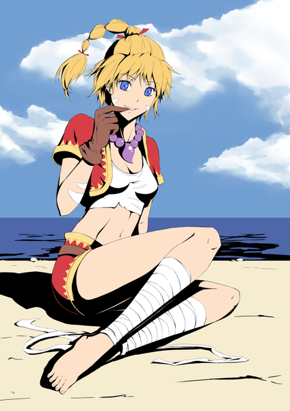 Anime picture 744x1052 with chrono cross kid (chrono cross) hananon single tall image fringe short hair blue eyes blonde hair smile sky cloud (clouds) bent knee (knees) short sleeves legs beach finger to mouth girl gloves bandage (bandages)