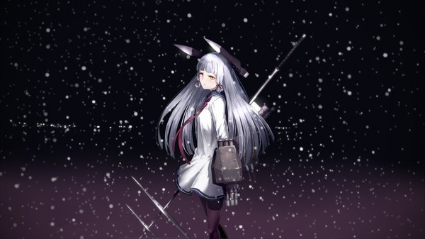 Anime picture 1778x1000 with kantai collection murakumo destroyer pennel single long hair looking at viewer blush highres wide image sky grey hair night orange eyes snowing tress ribbon girl dress ribbon (ribbons) weapon hair ribbon