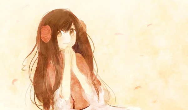 Anime picture 1200x703 with axis powers hetalia studio deen taiwan (hetalia) pomuta single long hair simple background smile brown hair wide image brown eyes hair flower hands clasped girl hair ornament petals