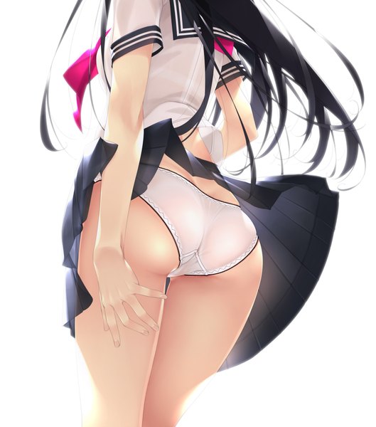 Anime picture 1500x1700 with original murakami suigun single long hair tall image light erotic black hair simple background standing white background ass pleated skirt wind from behind short sleeves pantyshot thighs thigh gap head out of frame upskirt