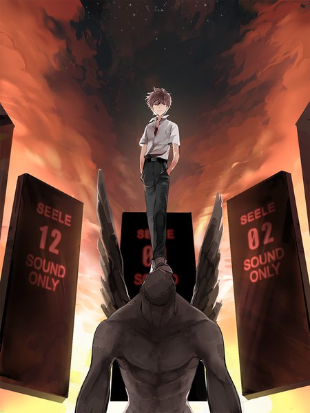 Anime picture 720x960 with neon genesis evangelion gainax nagisa kaworu saifu (sisutakh) single tall image looking at viewer fringe short hair hair between eyes red eyes brown hair standing sky cloud (clouds) full body night night sky text english