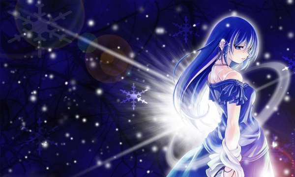 Anime picture 1280x768 with original shirahane nao single long hair blue eyes wide image bare shoulders blue hair looking back wallpaper snowing winter girl dress plant (plants) tree (trees) snowflake (snowflakes) blue dress