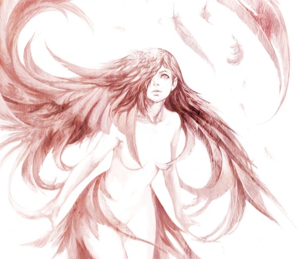 Anime picture 1500x1305 with original ikeda masateru single long hair fringe light erotic simple background white background wind hair over one eye monochrome head wings girl feather (feathers)
