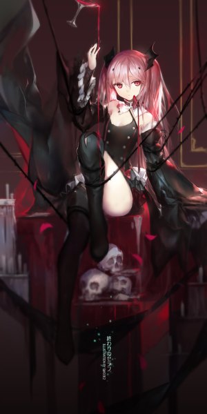 Anime picture 945x1890 with owari no seraph wit studio kururu tepes swd3e2 single long hair tall image looking at viewer pink hair pink eyes vampire girl dress detached sleeves boots blood thigh boots skull