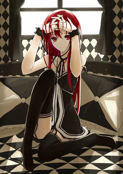 Anime picture 849x1200 with original kushia microphylla kauto single long hair tall image looking at viewer blush smile red eyes sitting bare shoulders red hair sunlight legs checkered rhombus bound hands girl thighhighs