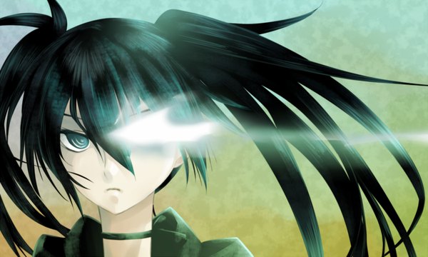 Anime picture 1500x900 with black rock shooter black rock shooter (character) single long hair blue eyes black hair wide image twintails glowing face glowing eye (eyes) girl collar